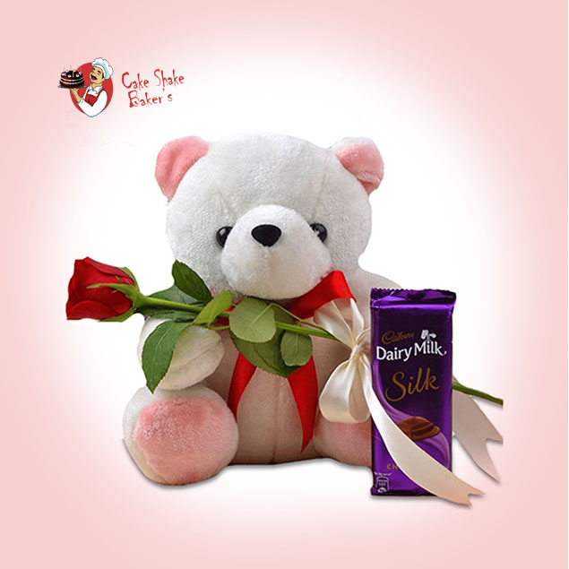 Teddy with Rose and Chocolate Gift Cake Shake Bakers